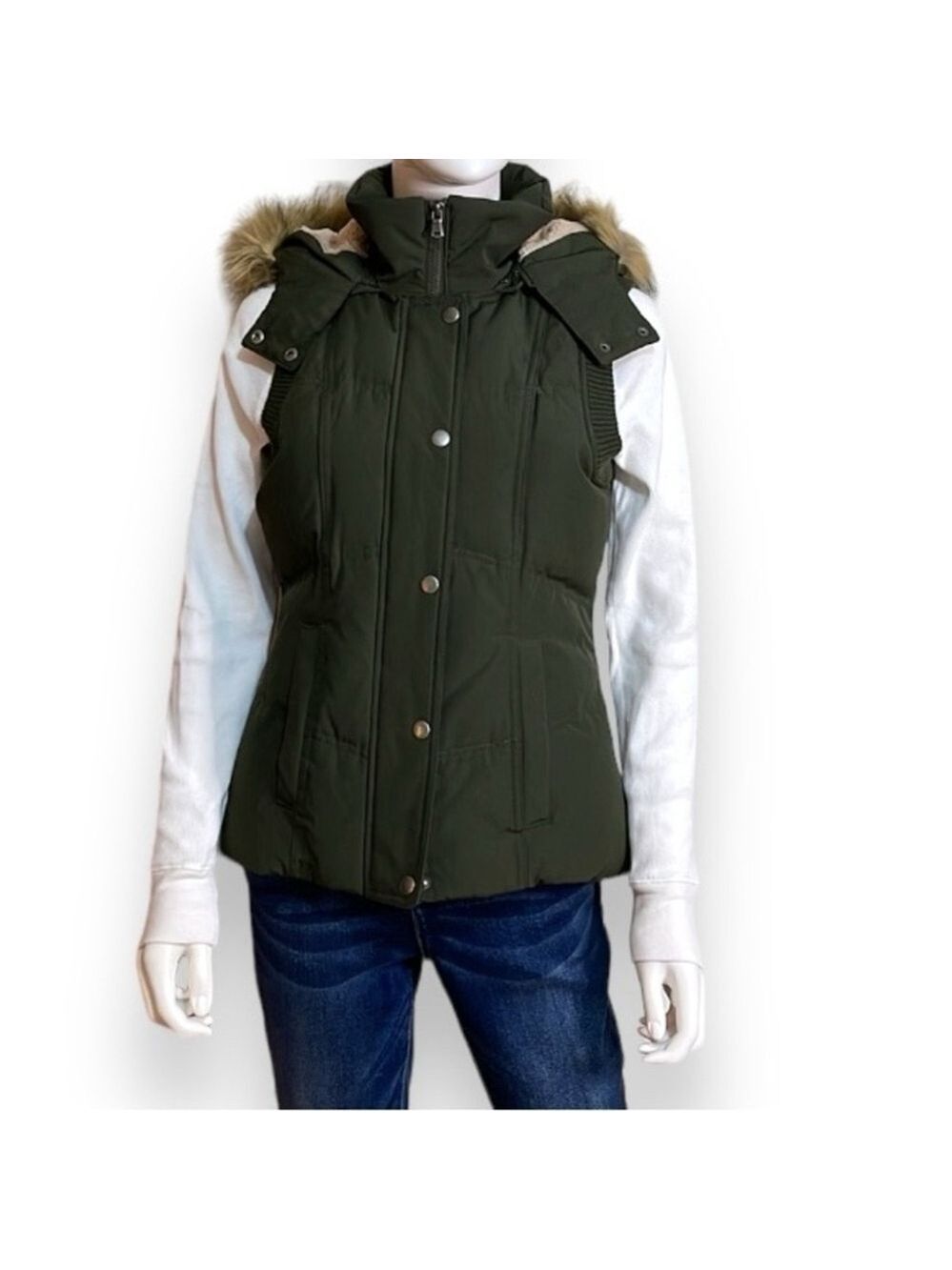 Down Puffer Vest Army Green Detachable Faux Fur Hood Women’s Size XS G.H. Bass